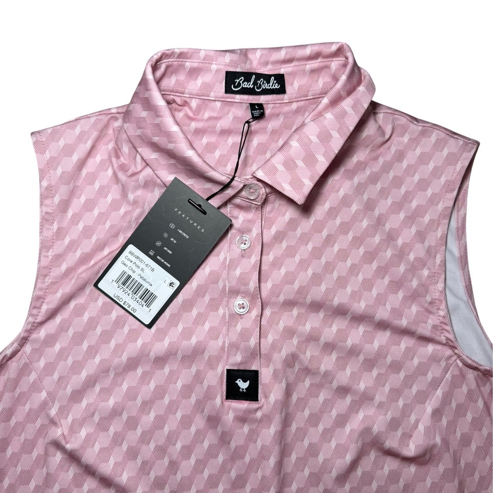 Bad Birdie Women's Sleeveless Golf Polo Pink Geo Print L NWT MSRP$78 - Picture 2 of 7